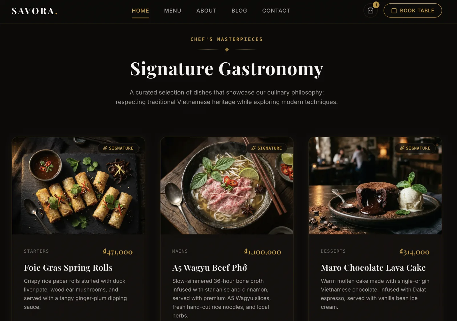 Savora Restaurant signature menu